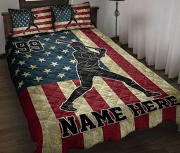 Personalized Softball Quilt Bedding Set, Softball Player Batter US Flag Quilt Blanket With Pillowcases, Custom Name Duvet Cover Set