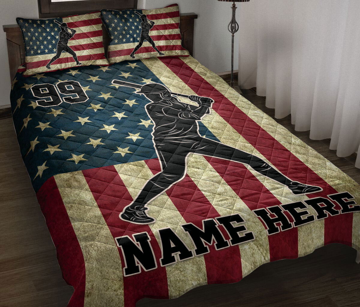 Personalized Softball Quilt Bedding Set, Softball Player Batter US Flag Quilt Blanket With Pillowcases, Custom Name Duvet Cover Set