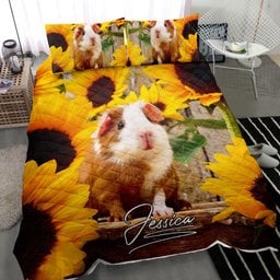 Personalized Guinea Pig Quilt Bedding Set, Hamster Guinea Pig Sunflower Flower Quilt Blanket With Pillowcases, Custom Name Duvet Cover Set