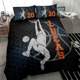 Personalized Basketball Quilt Bedding Set, Basketball Boy Player Posing Black Quilt Blanket With Pillowcases, Duvet Cover Set