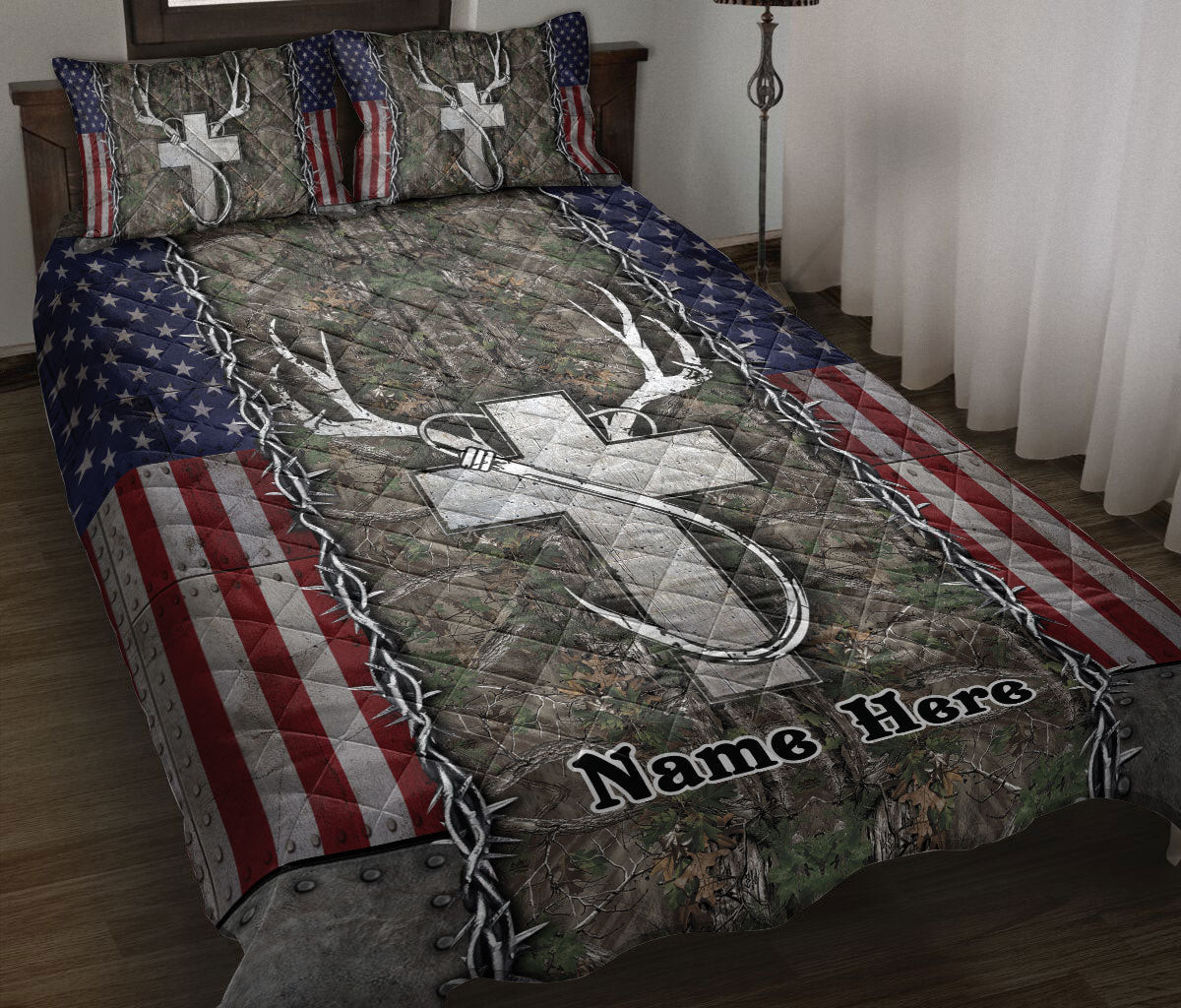 Personalized Fishing Quilt Bedding Set, Christian Hunting Fishing Quilt Blanket With Pillowcases, Custom Name Duvet Cover Set