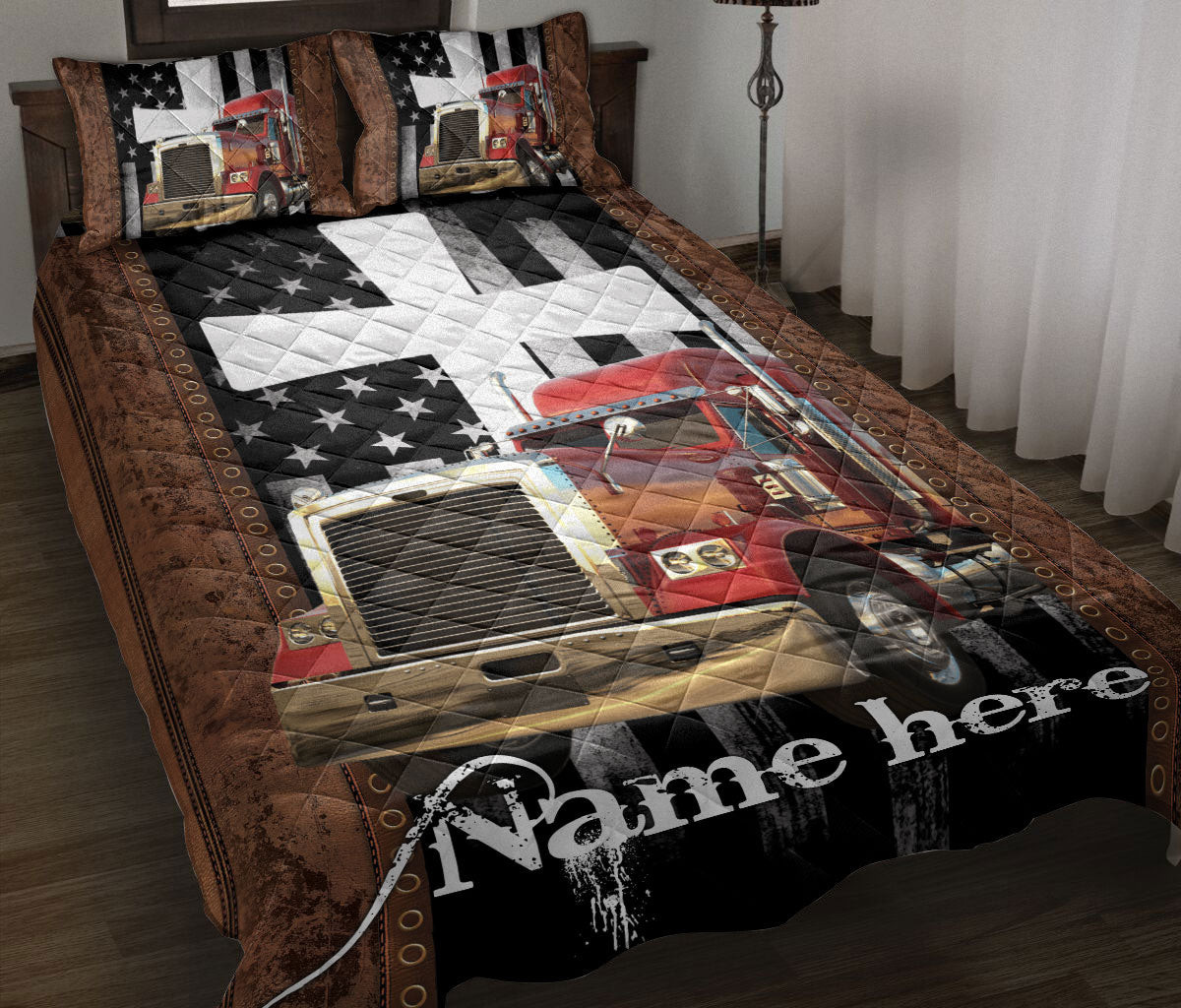 Personalized Trucker Quilt Bedding Set, Truck Driver Trucker Quilt Blanket With Pillowcases, Custom Name Duvet Cover Set