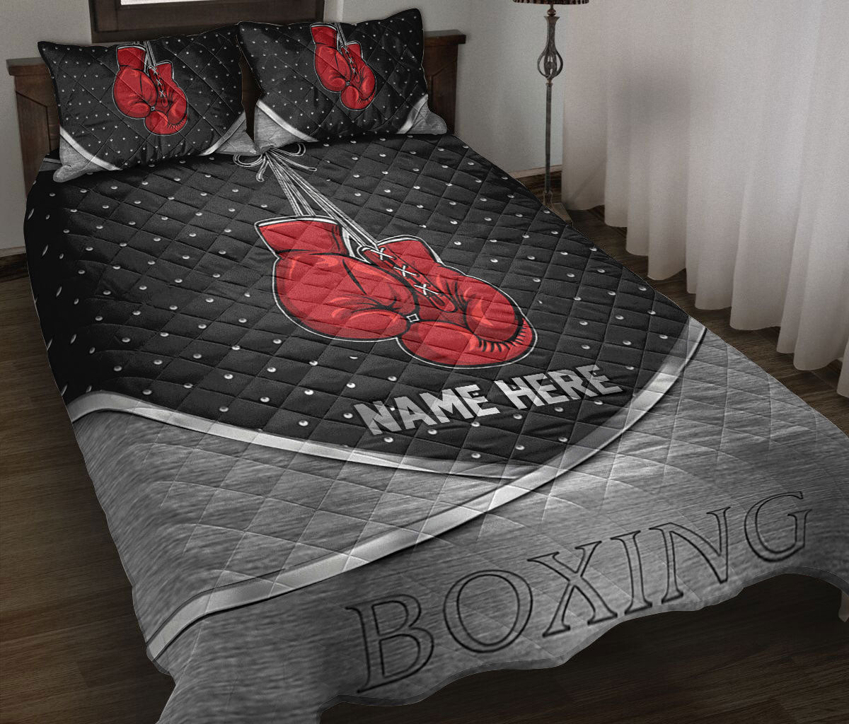 Personalized Boxing Quilt Bedding Set, Boxing Red Gloves Black Grey Quilt Blanket With Pillowcases, Custom Name Duvet Cover Set
