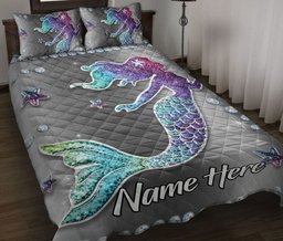 Personalized Quilt Bedding Set, Mermaid Under Sea Floral Ocean Quilt Blanket With Pillowcases, Custom Name Duvet Cover Set