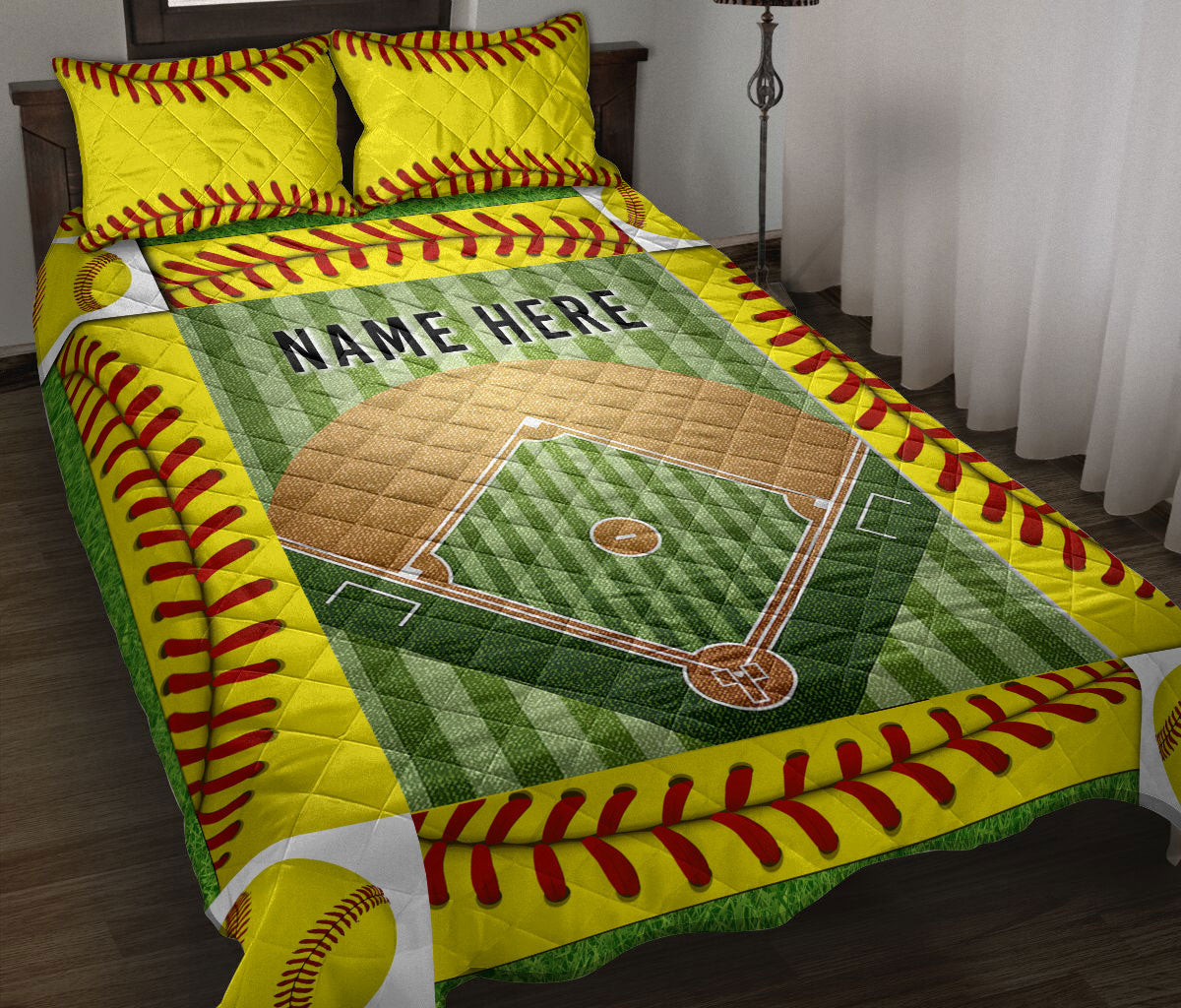 Personalized Softball Quilt Bedding Set, Softball Field Ball Quilt Blanket With Pillowcases, Custom Name Duvet Cover Set