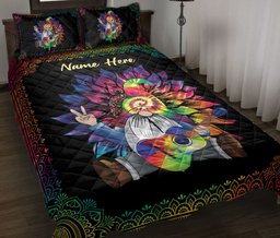 Personalized Hippie Quilt Bedding Set, Hippie Gnome Sunflower Quilt Blanket With Pillowcases, Custom Name Duvet Cover Set
