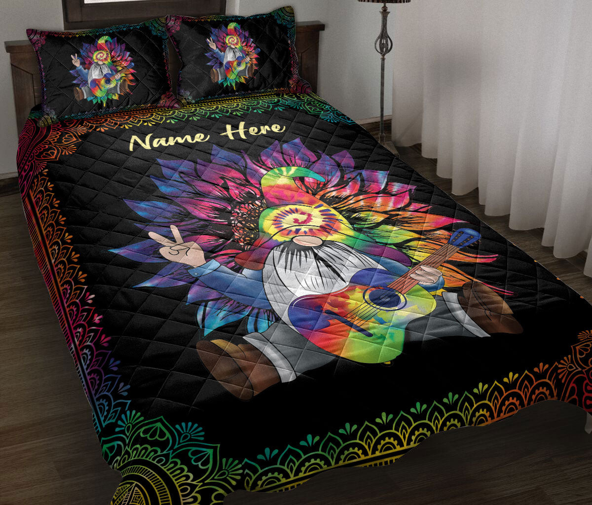 Personalized Hippie Quilt Bedding Set, Hippie Gnome Sunflower Quilt Blanket With Pillowcases, Custom Name Duvet Cover Set
