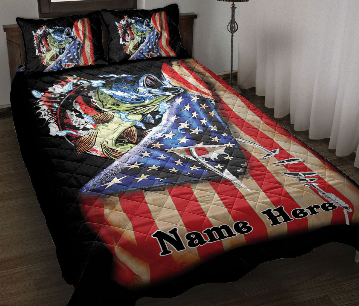 Personalized Fishing Quilt Bedding Set, Fishing Proud Nation Patriotic American US Flag Quilt Blanket With Pillowcases, Duvet Cover Set