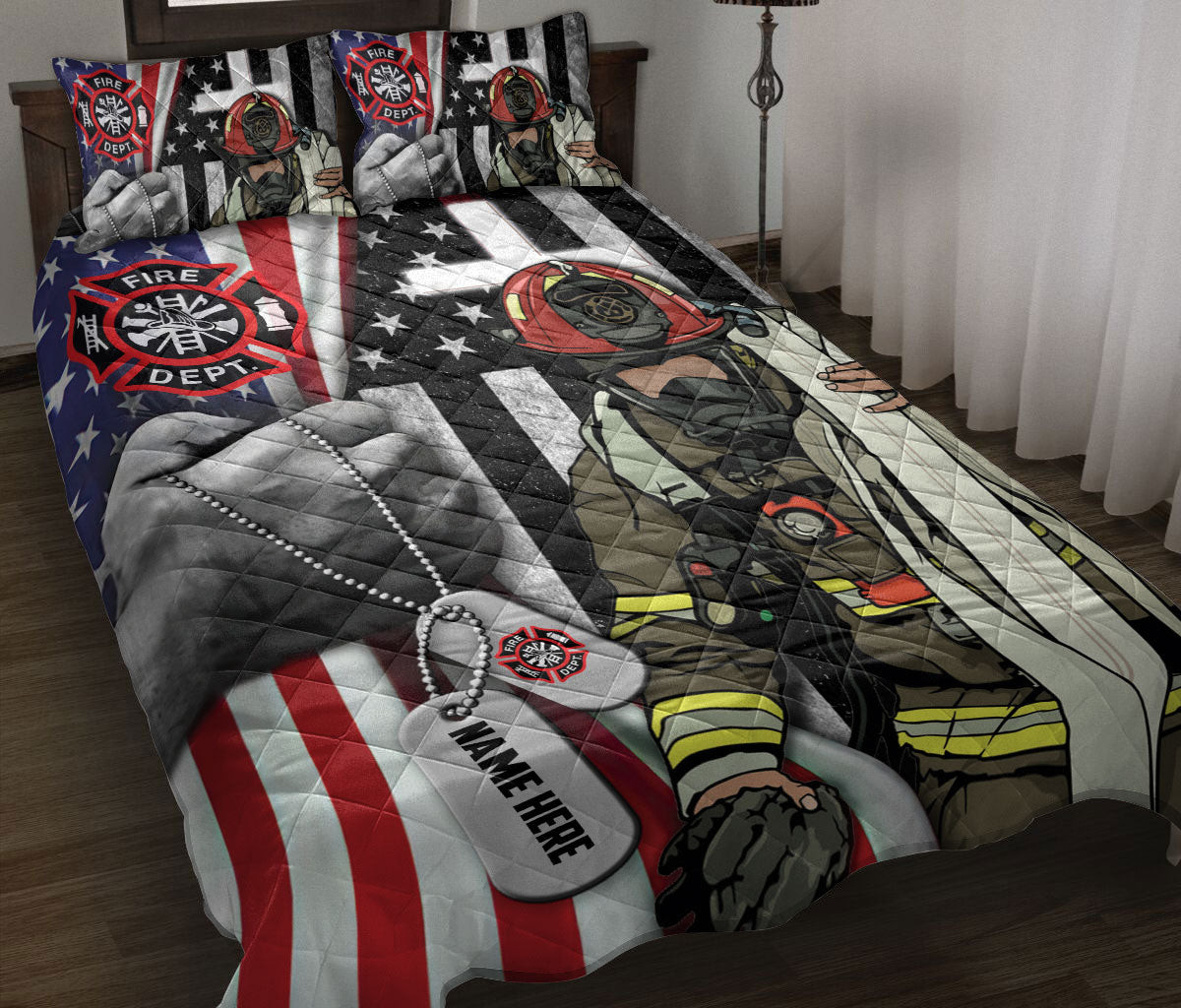 Personalized Firefighter Quilt Bedding Set, Proud Firefighter US Flag Quilt Blanket With Pillowcases, Custom Name Duvet Cover Set