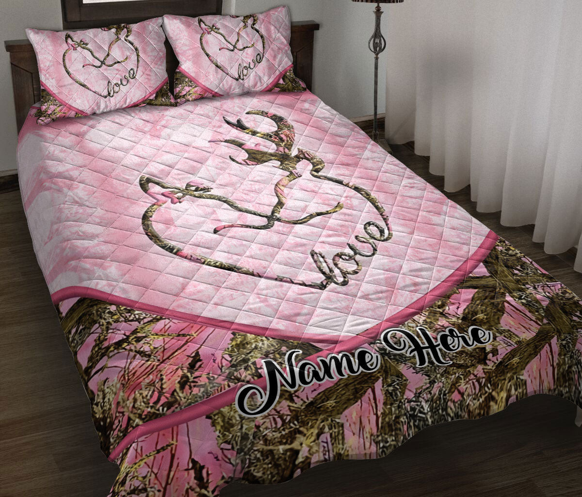 Personalized Deer Quilt Bedding Set, Deer Couple Heart Pink Couple Quilt Blanket With Pillowcases, Custom Name Duvet Cover Set