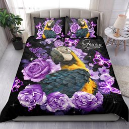 Personalized Conure Quilt Bedding Set, Parrot Sun Conure Bird Purple Rose 3D Quilt Blanket With Pillowcases, Custom Name Duvet Cover Set