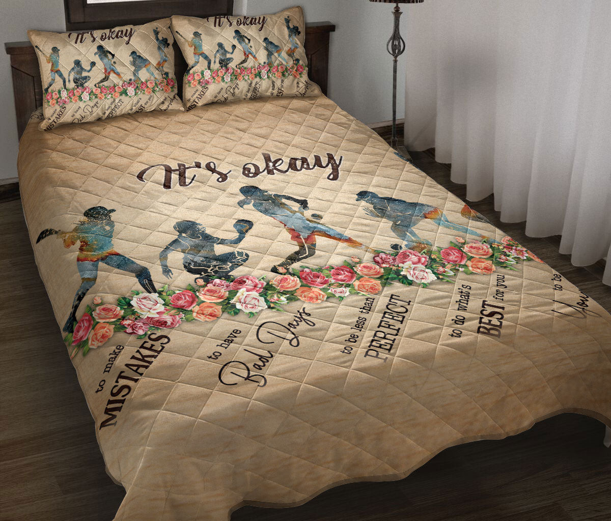 Personalized Softball Quilt Bedding Set, Softball Players It'S Okay To Be Yourself Quilt Blanket With Pillowcases, Duvet Cover Set