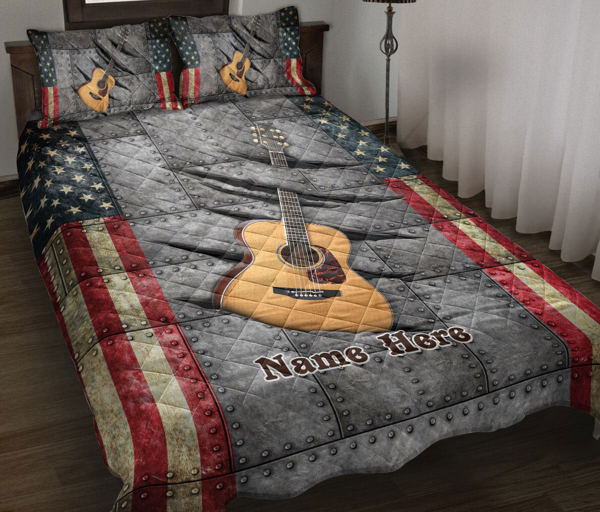 Personalized Quilt Bedding Set, Guitar US Flag Guitar Quilt Blanket With Pillowcases, Custom Name Duvet Cover Set