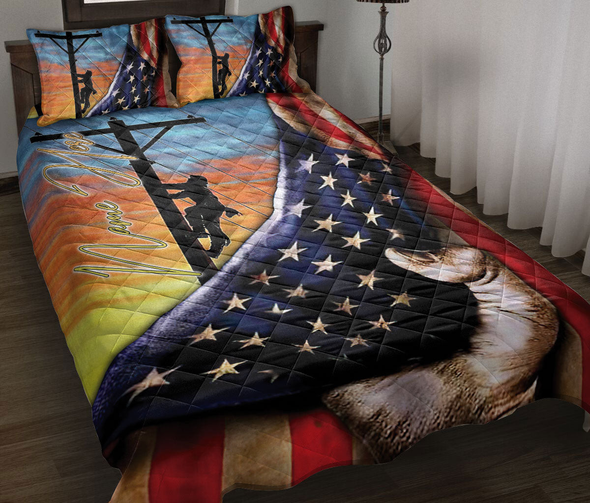 Personalized Lineman Quilt Bedding Set, Electrician Lineman American US Flag Patriotic Quilt Blanket With Pillowcases, Duvet Cover Set