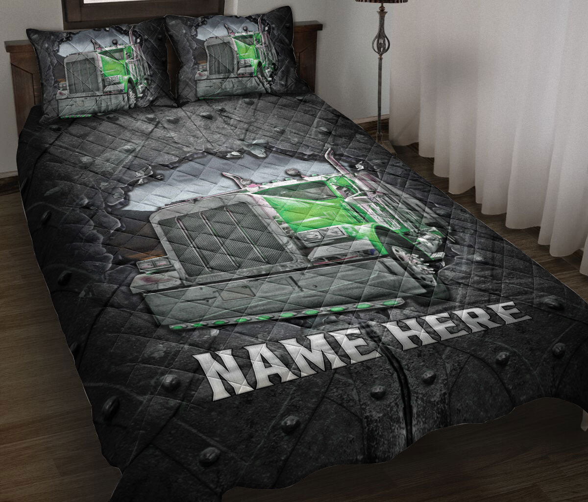 Personalized Trucker Quilt Bedding Set, Green Truck Crack Trucker Quilt Blanket With Pillowcases, Custom Name Duvet Cover Set