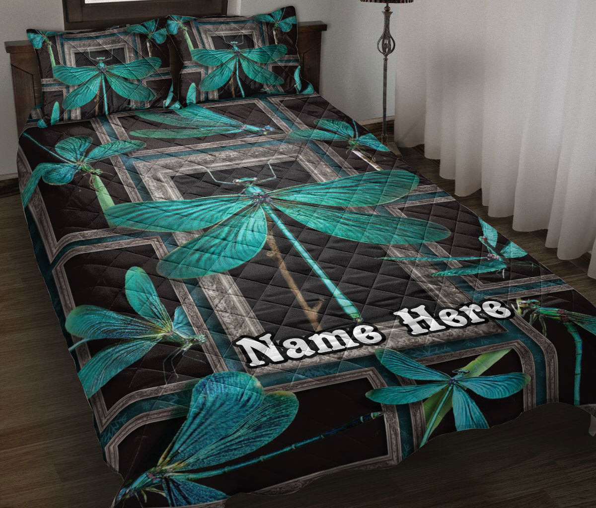 Personalized Dragonfly Quilt Bedding Set, Turquoise Dragonfly Frame Patchwork Floral Quilt Blanket With Pillowcases, Custom Name Duvet Cover Set