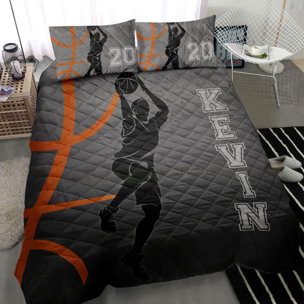 Personalized Basketball Quilt Bedding Set, Basketball Boy Contour Ball Grey Quilt Blanket With Pillowcases, Duvet Cover Set