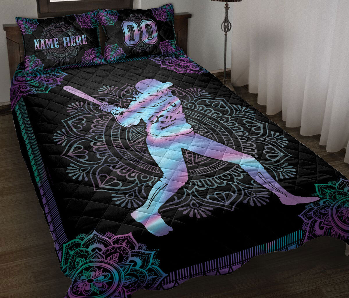 Personalized Softball Quilt Bedding Set, Hologram Mandala Softball Girl Batter Quilt Blanket With Pillowcases, Duvet Cover Set