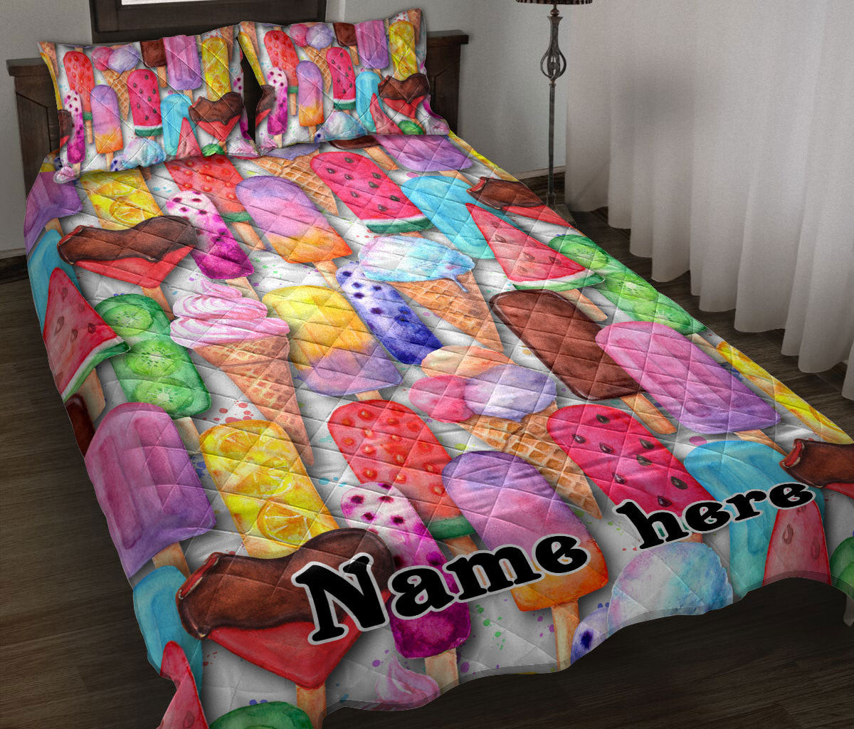 Personalized Ice Cream Quilt Bedding Set, Ide Cream Watercolor Seamless Multicolor Quilt Blanket With Pillowcases, Custom Name Duvet Cover Set
