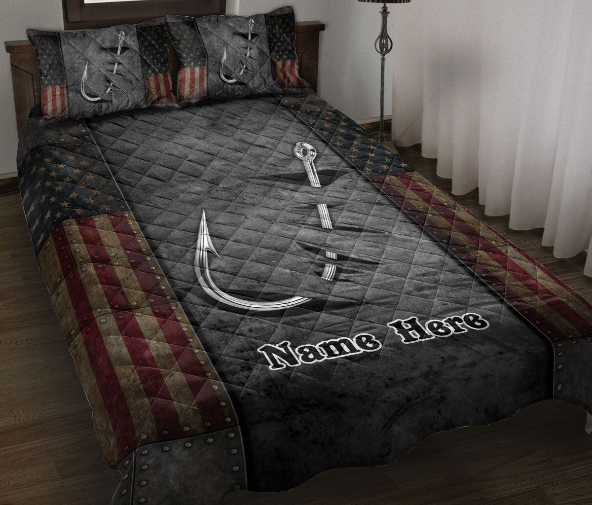 Personalized Fishing Quilt Bedding Set, Fishing Hook US Flag Quilt Blanket With Pillowcases, Custom Name Duvet Cover Set