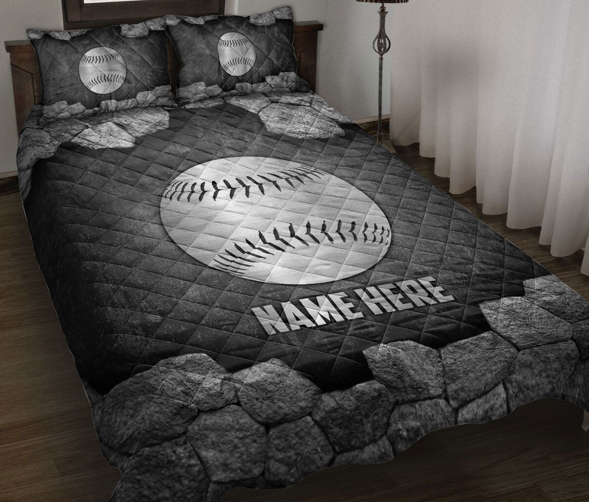 Personalized Baseball Quilt Bedding Set, Baseball Ball Stone Metal Silver Quilt Blanket With Pillowcases, Custom Name Duvet Cover Set, Sports Gifts