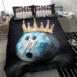 Personalized Bowling Quilt Bedding Set, Bowling King Ball Bowler Royal Quilt Blanket With Pillowcases, Custom Name Duvet Cover Set