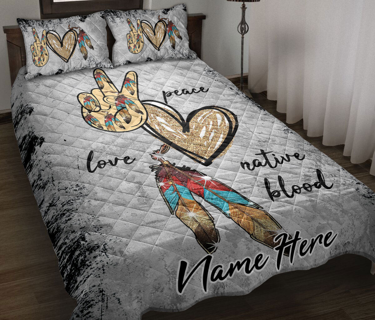 Personalized Native American Quilt Bedding Set, Native American Peace Love Native Blood Grey Quilt Blanket With Pillowcases, Duvet Cover Set
