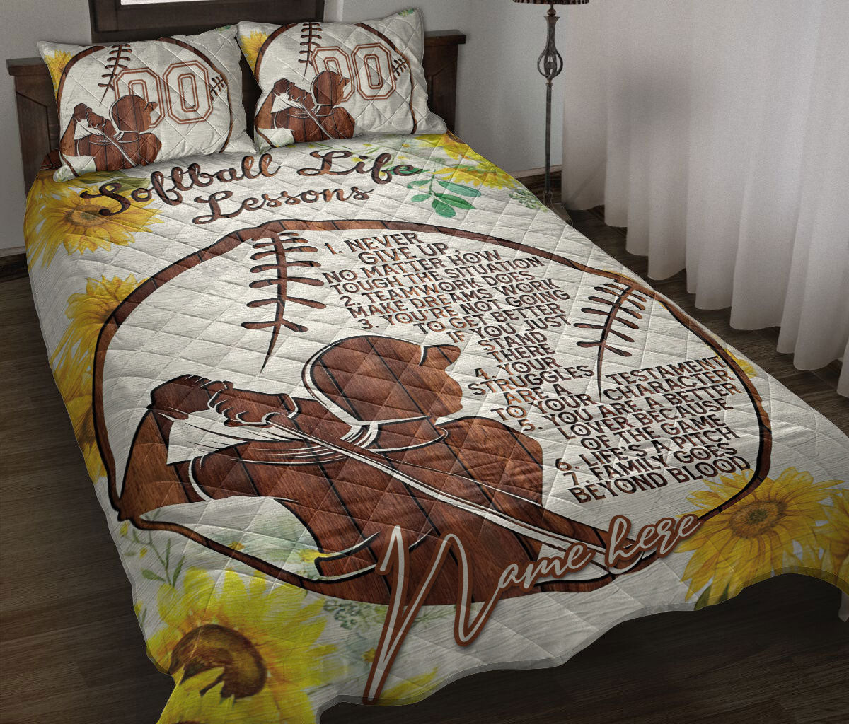 Personalized Softball Quilt Bedding Set, Softball Lesson Sunflower Girl Batter Quilt Blanket With Pillowcases, Duvet Cover Set