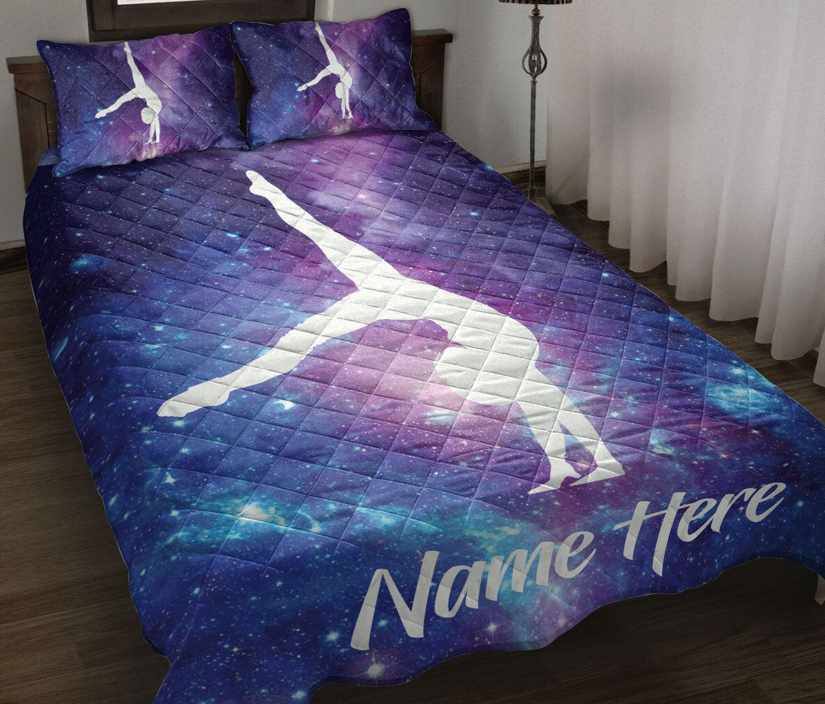 Personalized Gymnastic Quilt Bedding Set, Gymnastics Galaxy Quilt Blanket With Pillowcases, Custom Name Duvet Cover Set