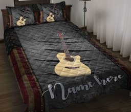 Personalized Guitar Quilt Bedding Set, Beige Aco Ustic Guitar American US Flag Crack Quilt Blanket With Pillowcases, Duvet Cover Set