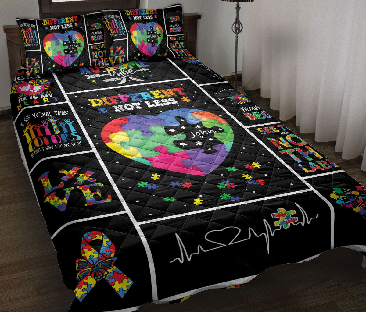 Personalized Autism Quilt Bedding Set, Autism Awareness Different Not Less Quilt Blanket With Pillowcases, Custom Name Duvet Cover Set