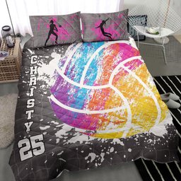 Personalized Volleyball Quilt Bedding Set, Volleyball Watercolor Ball Grey Quilt Blanket With Pillowcases, Duvet Cover Set