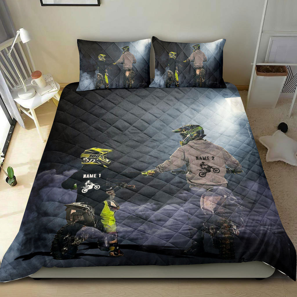 Personalized Motocross Quilt Bedding Set, Motocross Racing Motorbike Like Father Like Son Racer Quilt Blanket With Pillowcases, Duvet Cover Set