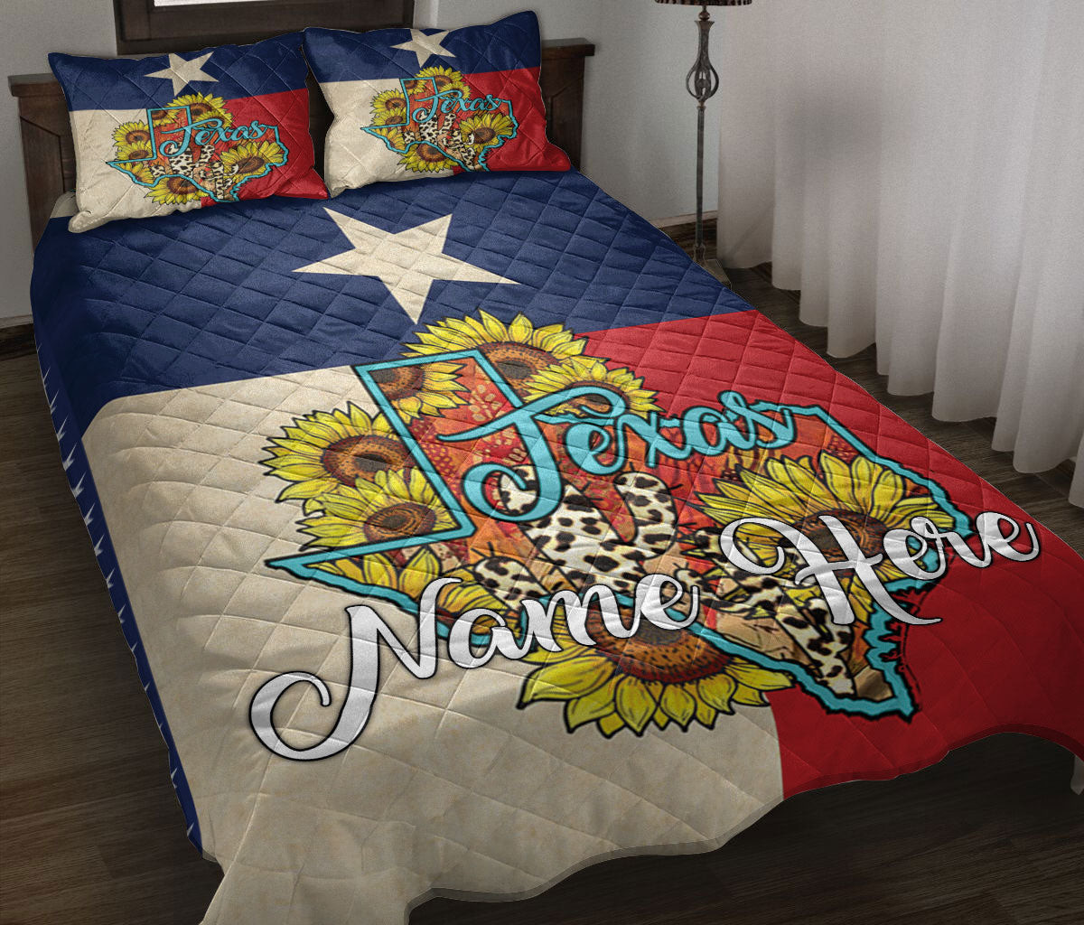 Personalized Texas Quilt Bedding Set, Texas Sunflower Flag Wild West Western Texas Quilt Blanket With Pillowcases, Custom Name Duvet Cover Set