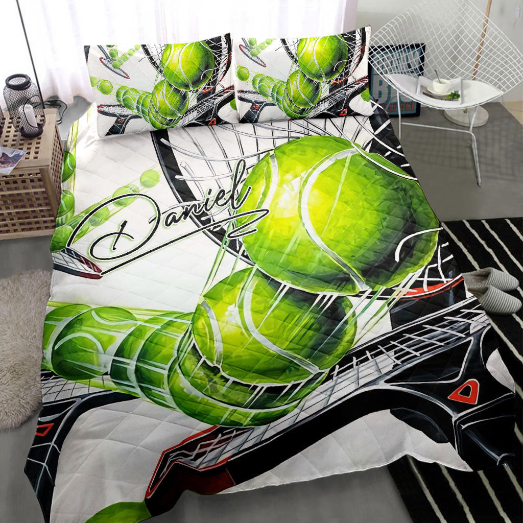 Personalized Tennis Quilt Bedding Set, Tennis Bounce Green Ball White Quilt Blanket With Pillowcases, Custom Name Duvet Cover Set