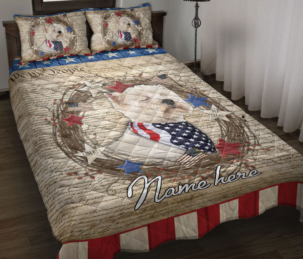 Personalized West Highland Quilt Bedding Set, Westie White West Highland Dog We The People Quilt Blanket With Pillowcases, Duvet Cover Set