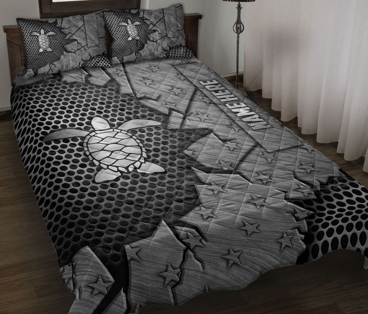 Personalized Turtle Quilt Bedding Set, Turtle Crack Silver Quilt Blanket With Pillowcases, Custom Name Duvet Cover Set