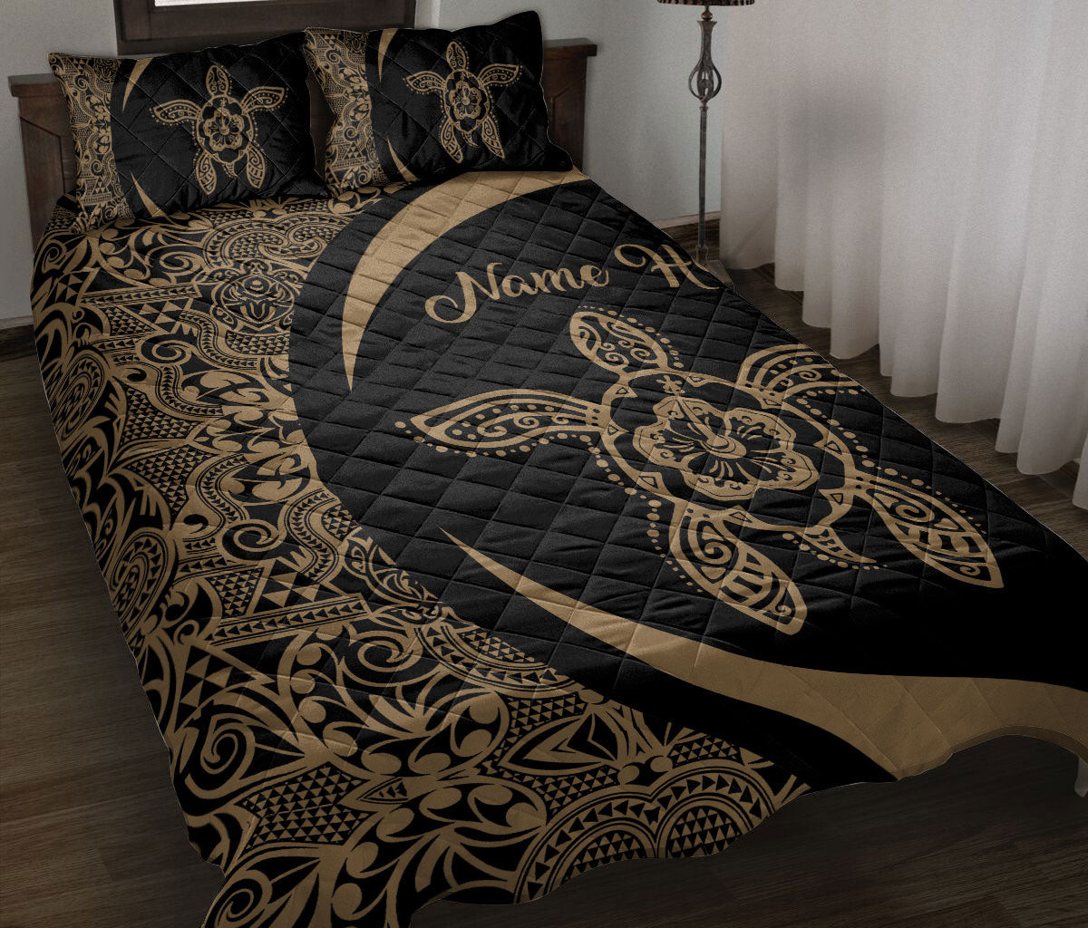 Personalized Turtle Quilt Bedding Set, Turtle Hibisc USFlower Floral Golden Hawaii Quilt Blanket With Pillowcases, Custom Name Duvet Cover Set
