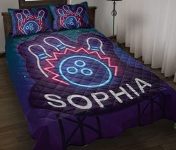 Personalized Bowling Quilt Bedding Set, Neon Sky Bowling Ball Blanket Bowling Quilt Blanket With Pillowcases, Custom Name Duvet Cover Set