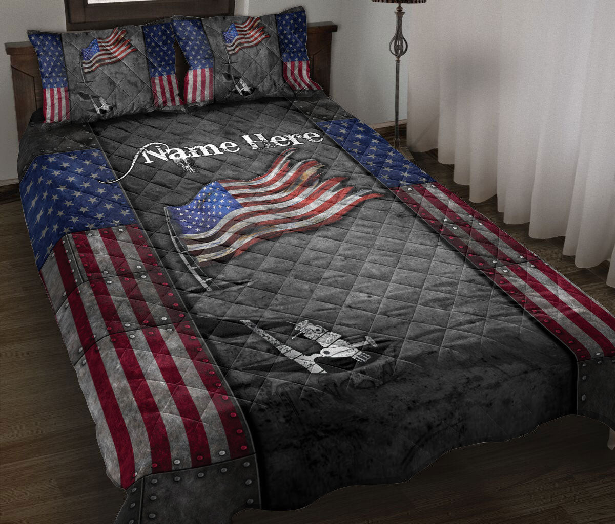 Personalized Fishing Quilt Bedding Set, Fishing Rod US Flag Quilt Blanket With Pillowcases, Custom Name Duvet Cover Set