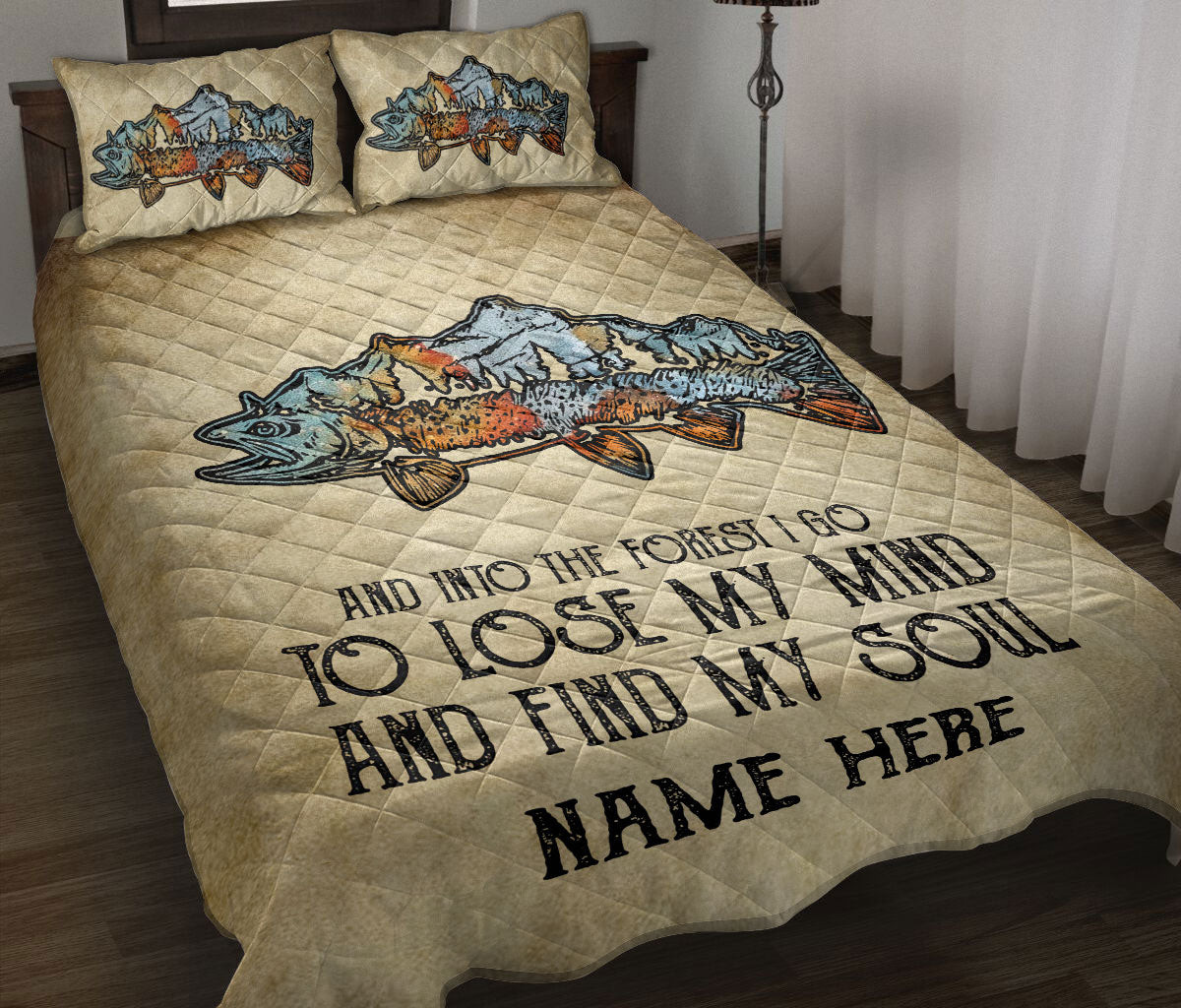 Personalized Fishing Quilt Bedding Set, Fishing Bass Fish Into Theest I Go Beige Quilt Blanket With Pillowcases, Custom Name Duvet Cover Set