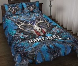 Personalized Hunting Quilt Bedding Set, Deer Hunting Blue US Flag Hunter Quilt Blanket With Pillowcases, Custom Name Duvet Cover Set