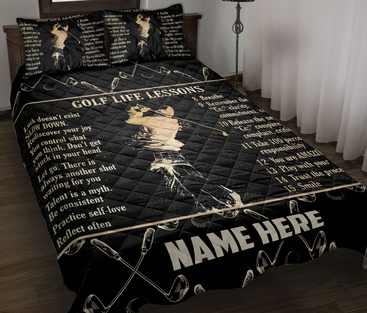 Personalized Golf Quilt Bedding Set, Goft Lessons Beige Quilt Blanket With Pillowcases, Custom Name Duvet Cover Set