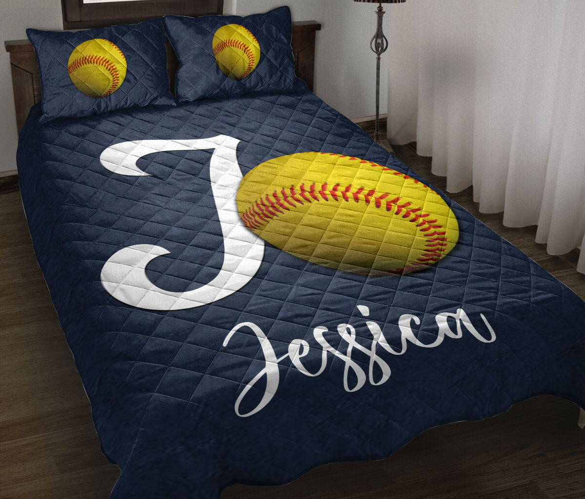 Personalized Softball Quilt Bedding Set, Softball Ball Navy Background Quilt Blanket With Pillowcases, Custom Name Duvet Cover Set