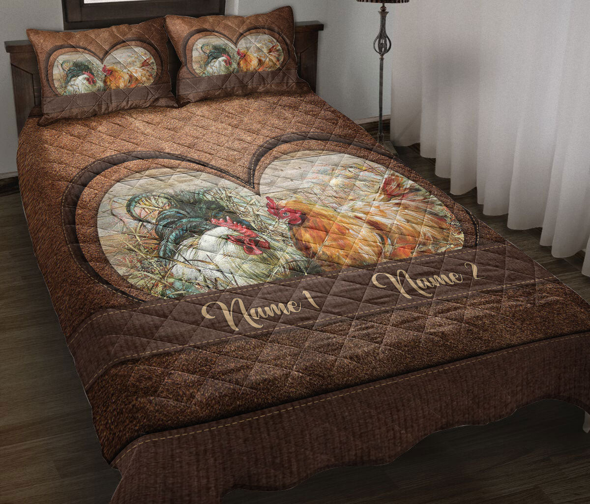 Personalized Chicken Quilt Bedding Set, Chicken Couple Farms Husband Wife Quilt Blanket With Pillowcases, Custom Name Duvet Cover Set