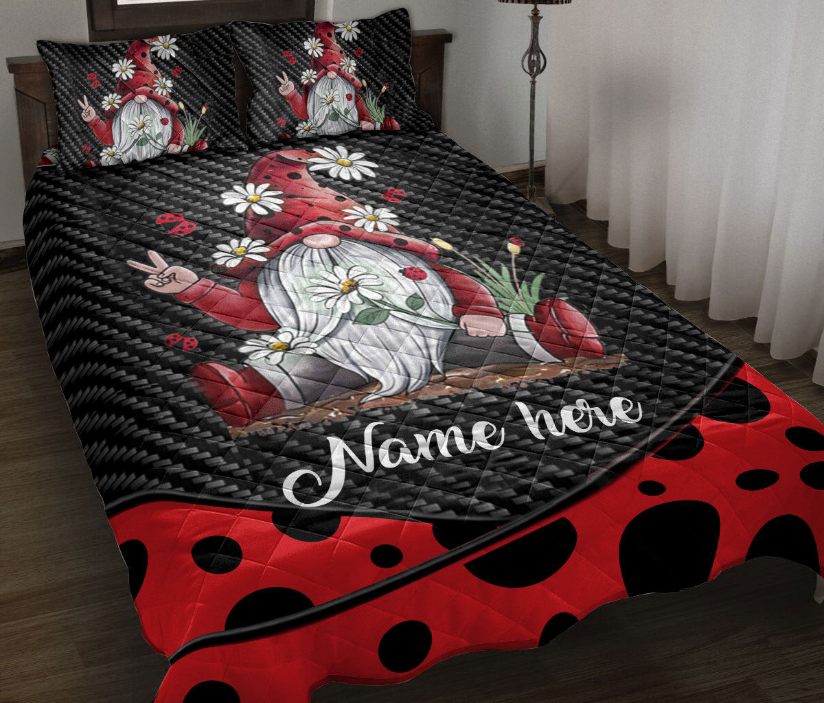 Personalized Mushroom Quilt Bedding Set, Gnome In The Garden Daisy Red M Ushroom Hat Spring Quilt Blanket With Pillowcases, Duvet Cover Set