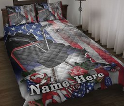 Personalized Hockey Quilt Bedding Set, Hockey Proud Nation Patriotic American US Flag Quilt Blanket With Pillowcases, Duvet Cover Set