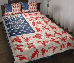 Personalized Motocross Quilt Bedding Set, Dirt Bike Extreme Motocross Racer US Flag Quilt Blanket With Pillowcases, Custom Name Duvet Cover Set