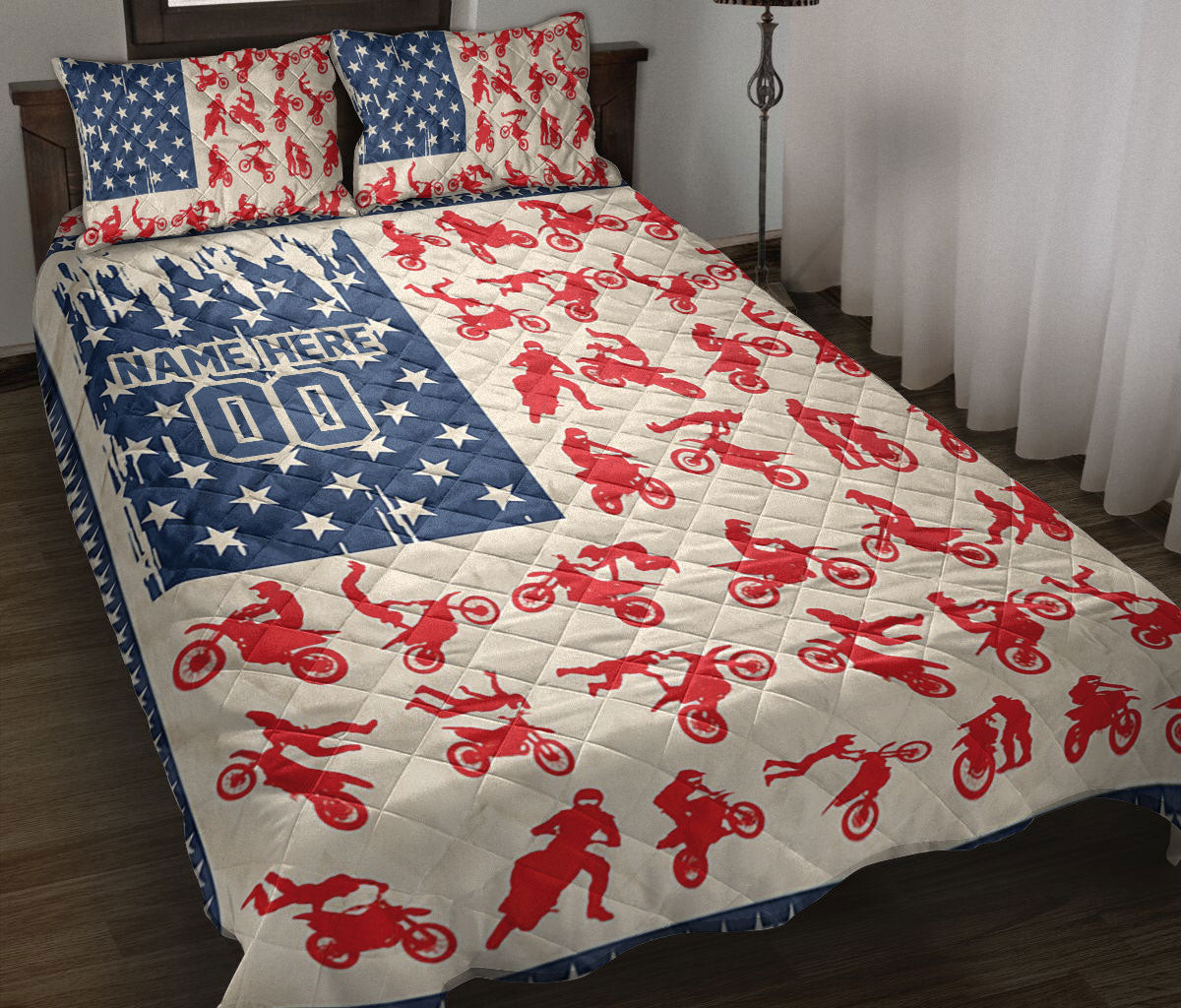 Personalized Motocross Quilt Bedding Set, Dirt Bike Extreme Motocross Racer US Flag Quilt Blanket With Pillowcases, Custom Name Duvet Cover Set