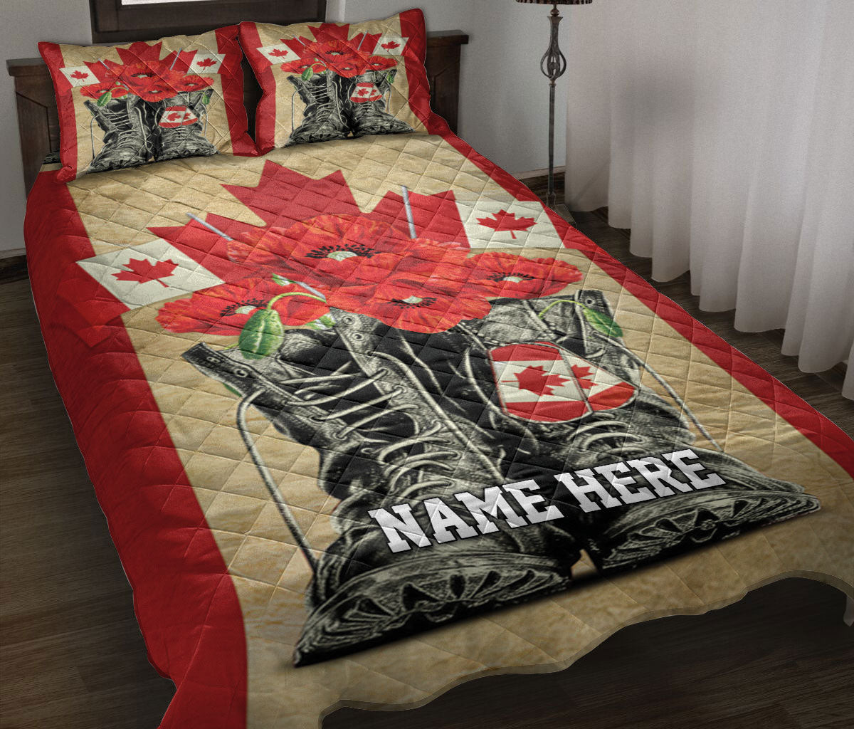 Personalized Canadian Quilt Bedding Set, Canada Flag Lest Weget Combat Boots Poppy Flower Quilt Blanket With Pillowcases, Duvet Cover Set